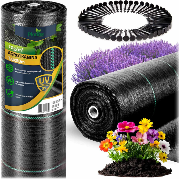 Agrotkanina ogrodowa Plonos + 50 szpilek 1.6 m x 50 m 70 g/m2 Czarna (5903890629069) - obraz 3