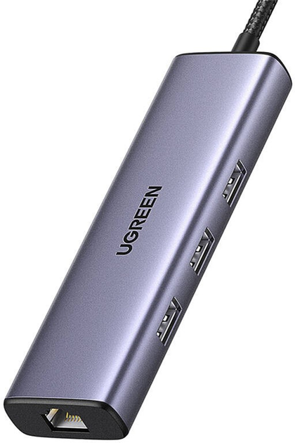 USB-хаб Ugreen CM512 6-in-1 USB-C to 3xUSB 3.0/HDMI/RJ-45/PD 100W Grey (6941876215980) - зображення 1