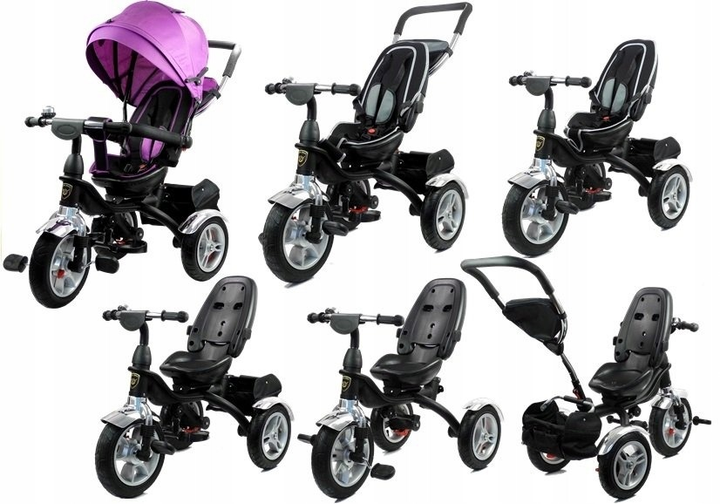 Rowerek trójkołowy spacerówka LEAN Toys Daszek pompowane kola obrotowe siedzenie fioletowy PRO500 (5902808154198) - obraz 5