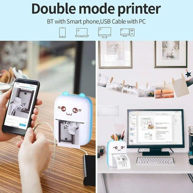 Портативний мініпринтер Mini printer Blue +4 шт звичайного + 3 шт самоклеючий +3 шт кольорового+ чохол - зображення 2