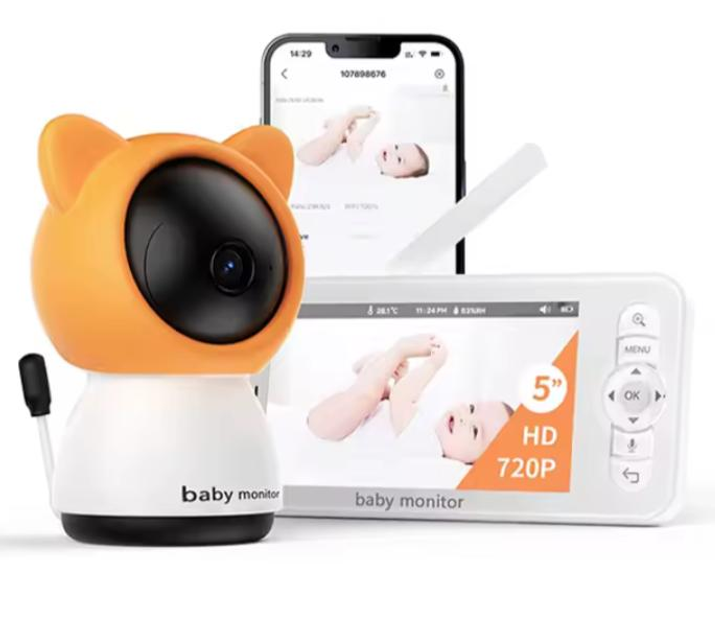 Видеоняня Baby Monitor цифровая WiFi с 5 дюймовым HD экраном, камера 1080Р, 4-кратный зум, с датчиком звука, движения, ночное видение + термометр, радионяня, оранжевая - изображение 1