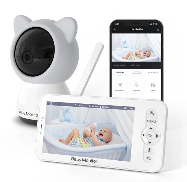 Видеоняня Baby Monitor цифровая WiFi с 5 дюймовым HD экраном, камера 1080Р, 4-кратный зум, с датчиком звука, движения, ночное видение + термометр, радионяня, няня - изображение 1