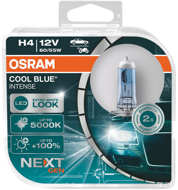 Żarówka halogenowa OSRAM 12V H4 60/55W P43T COOL BLUE INTENSE NEXT GEN +100% do 5000K BOX 2 szt. (64193CBNHCB) - obraz 3