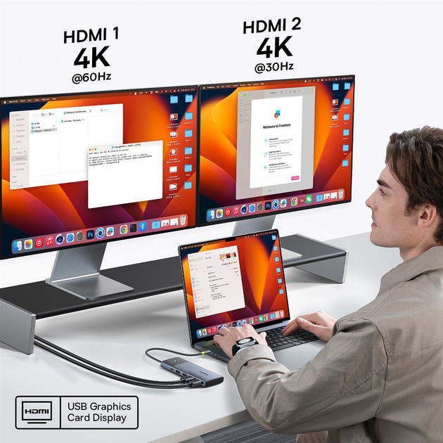 Hub USB Baseus Metal Gleam Series II 7-in-1 USB-C to 2xUSB-A 3.2/USB 2.0/2xHDMI/USB Type-C/PD 100W Grey (B00061806813-00) - obraz 4