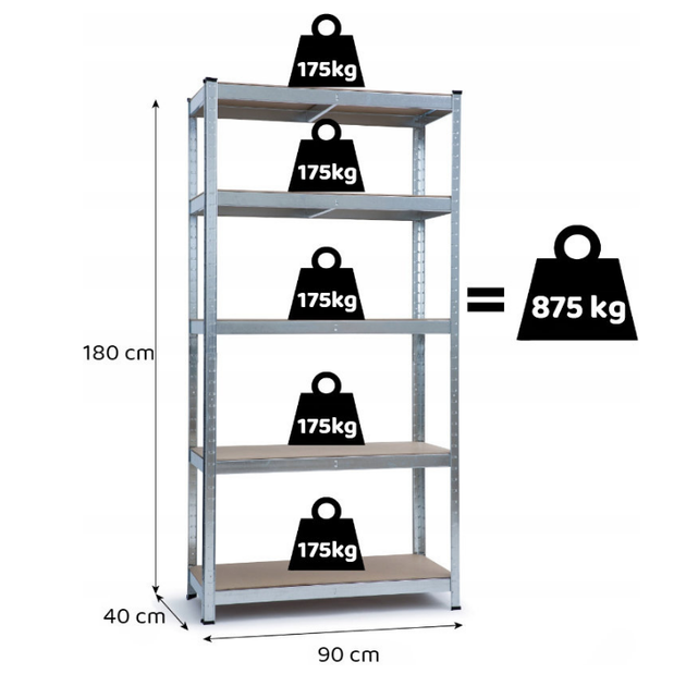 Стелаж LEOBRO для дому, офісу, гаража 180 х 90 х 40 см, 175кг/полиця, 5 полиць (LB-R175-GAL) - зображення 7