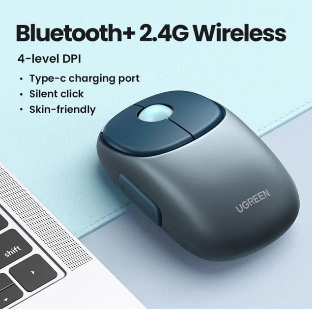 Беспроводная мышь UGREEN FUN+ Wireless Mouse MU102 2.4 GHz&BT Type-C Charging Blue (90538) - изображение 2