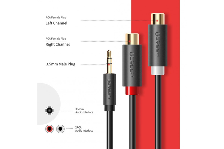 Аудио кабель UGREEN AV109 3.5mm Male to 2RCA Female Cable 25cm Gray (10547) Провод RCA штекер тюльпан - изображение 2