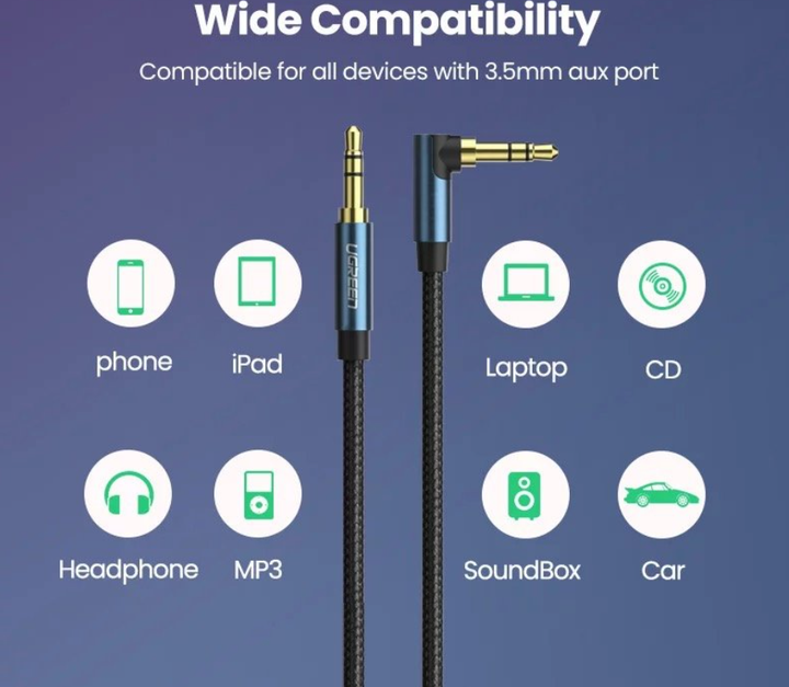 Аудио кабель UGREEN AV112 3.5mm До 3.5мм Универсальный кабель Gold Plated Metal Case with Braid (60180) - изображение 3