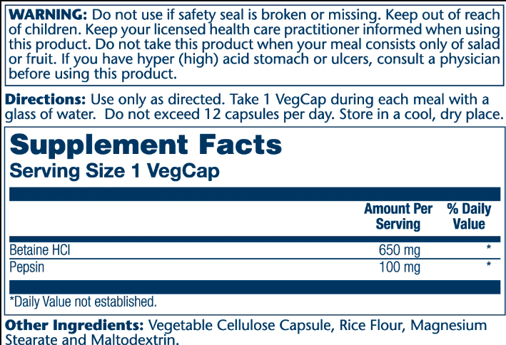 Betaine HCl 650mg - 100 vegan caps бетаїн гідрохлорид з пепсином для підтримки кислотності шлунка, травлення білків та комфорту після їжі - зображення 2