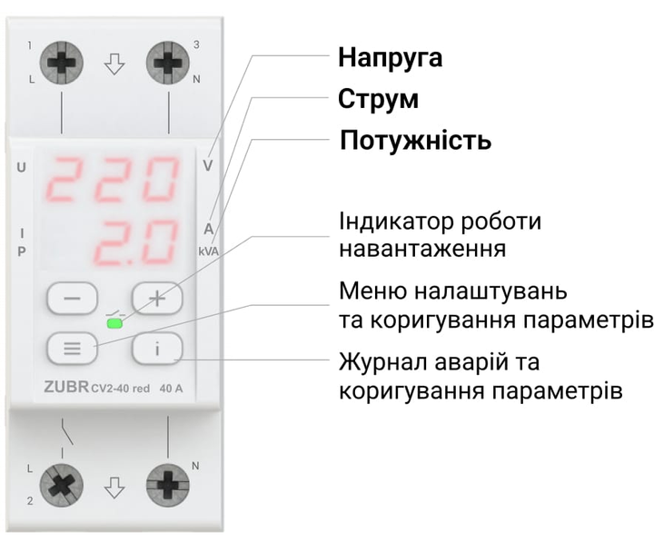 Реле напруги ZUBR CV2-50 red з контролем струму (50 А, 11 000 ВА) (4820120222177) - зображення 2