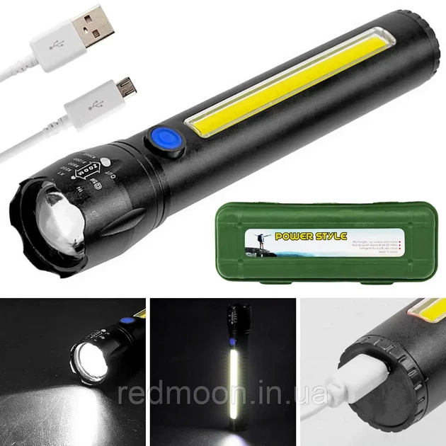 Потужний ліхтарик ручний 2в1 акумуляторний з USB, ZOOM та бічним світлом, BL-C63 и Кейс - зображення 3