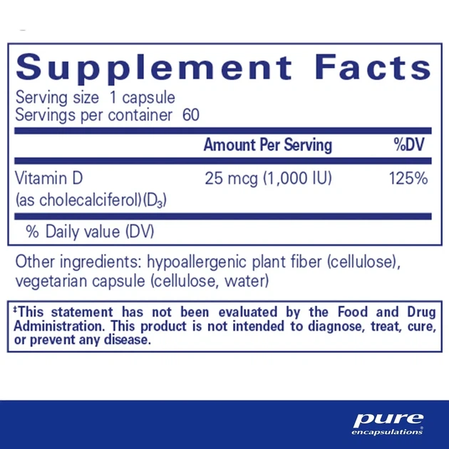 Витамин Д3 Pure Encapsulations (Vitamin D3) 1000 МЕ 60 капсул - изображение 4