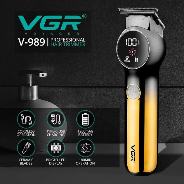 Машинка для стрижки волос VGR V-989 с USB 1200 mAh и LED дисплеем Золотистый 9095 - изображение 6