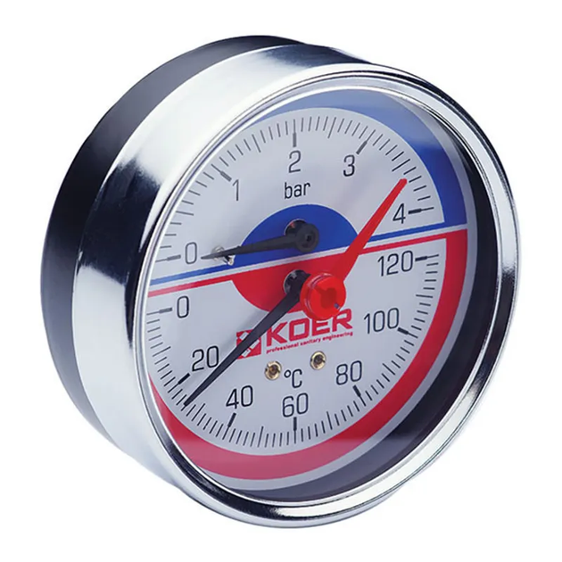Термо-манометр аксіальний KOER KM.812A (0-4 bar), D 80мм, 1/4''-1/2'' (KR0221) – точне вимірювання (KR0221) - Фото 1 Термо-манометр аксіальний KOER KM.812A (0-4 bar), D 80мм, 1/4''-1/2'' (KR0221) – точне вимірювання (KR0221) - зображення 1