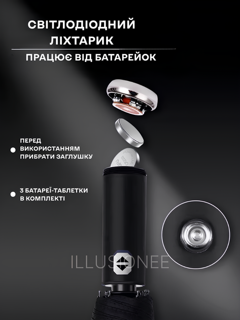 Зонт автомат зонтик с LED фонариком светоотражающей лентой 10 спиц складной компактный ветрозащитный зонты с прочным механизмом антиветер мужской женский автоматический удобный от дождя для сумки путешествий дороги прогулок дорожный черный 3DTOYSLAMP - изображение 12