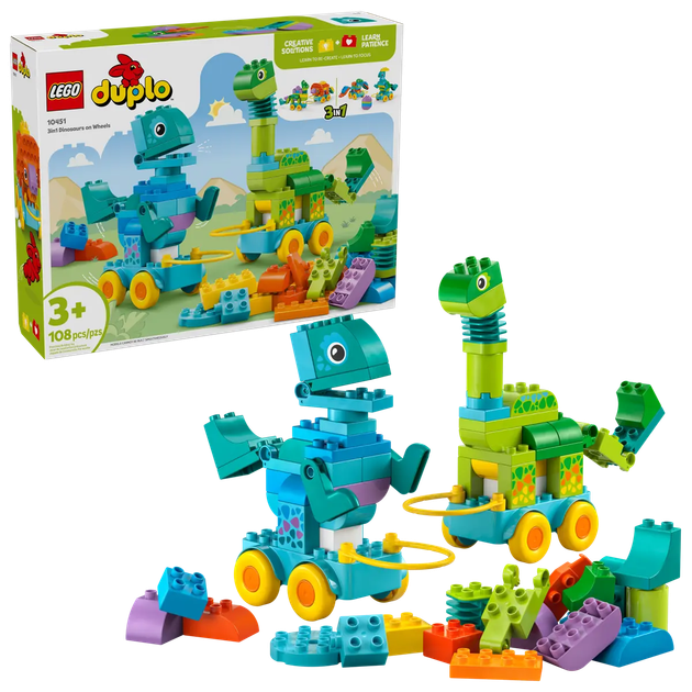 Zestaw klocków LEGO Duplo Dinozaury na kółkach 3w1 108 elementów (10451) - obraz 1