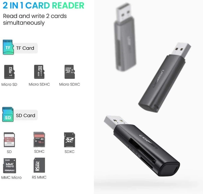Кардрідер USB 3.0 TF/SD Ugreen 60722 c підтримкою карт до 512Гб (Чорний) - Фото 3 Кардрідер USB 3.0 TF/SD Ugreen 60722 c підтримкою карт до 512Гб (Чорний) - зображення 3