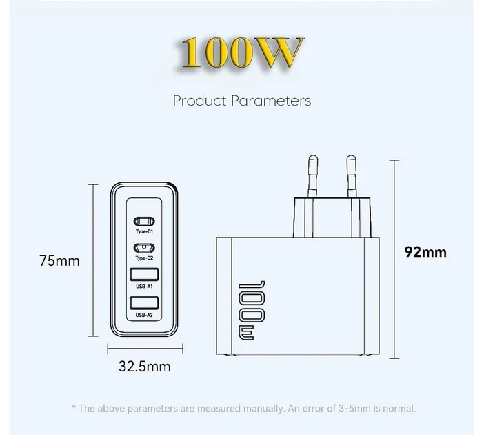 Зарядное устройство Essager Grace 100W GaN 4 Ports Travel Charger 2 Type-C + 2 Type-A Black (ECT2CA-QYB01-Z) - изображение 4