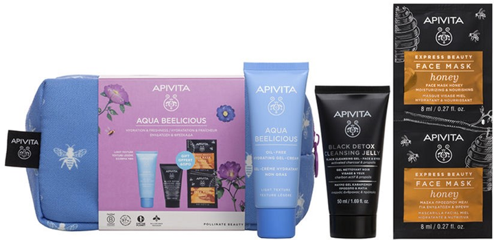 Zestaw do pielęgnacji twarzy Apivita Aqua Beelicious Krem do twarzy 40 ml + Żel oczyszczający 50 ml + Maska do twarzy 2 x 8 ml + Kosmetyczka (ZES5201279099534) - obraz 1