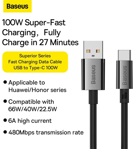 Kabel Baseus Superior USB do Type-C 100W 1 m Cluster Black (P10320102114-00) - obraz 8