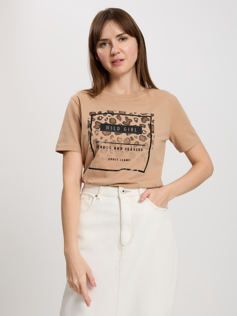 T-shirt damski bawełniany z nadrukiem Cross Jeans 56150-082 XL Brązowy (8697319730944) - obraz 1