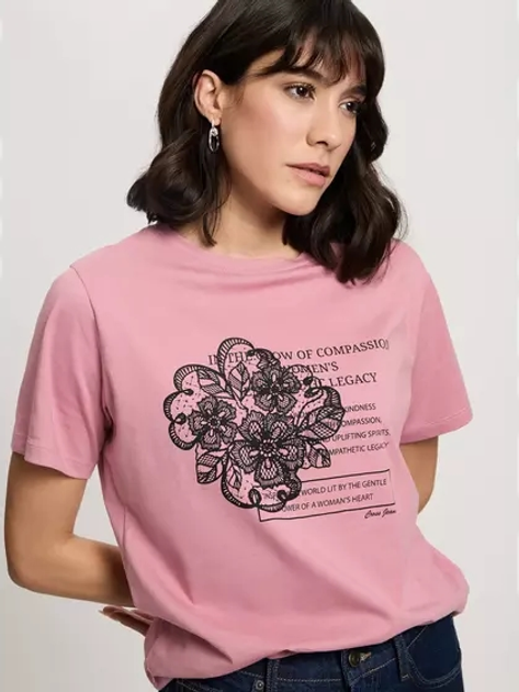 T-shirt damski bawełniany z nadrukiem Cross Jeans 56153-301 XS Różowy (8697319731057) - obraz 5