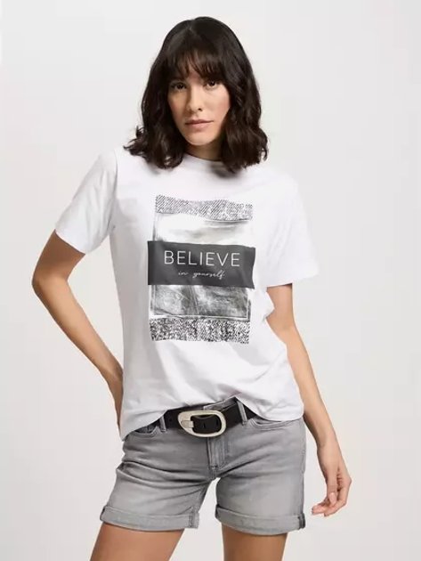 T-shirt damski bawełniany z nadrukiem Cross Jeans 56157-008 M Biały (8697319731477) - obraz 1