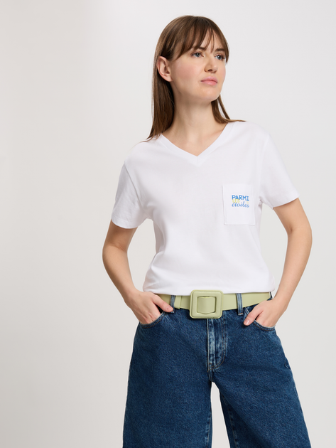 T-shirt damski bawełniany w serek Cross Jeans 56166-008 XS Biały (8697319731903) - obraz 1