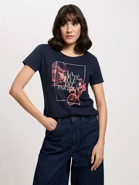 T-shirt damski bawełniany z nadrukiem Cross Jeans 56170-001 M Granatowy (8697319732078) - obraz 1