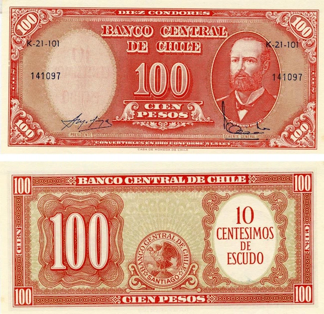 Банкнота Чилі 100 песо 1960-1961 AU-UNC Надпечатка 10 сантимів (P127) - Фото 1 Банкнота Чилі 100 песо 1960-1961 AU-UNC Надпечатка 10 сантимів (P127) - зображення 1