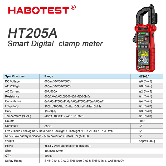 Токоизмерительные клещи HABOTEST HT205A цифровой мультиметр TrueRMS 600В AC/DC вольтметр амперметр - изображение 7