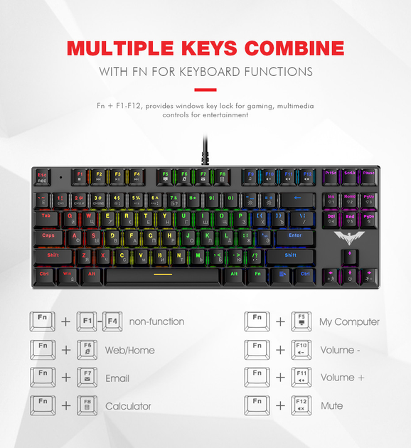 Клавиатура игровая механическая проводная USB с подсветкой 87 клавиш HAVIT HV-KB435L-LED Синие свитчи - изображение 6