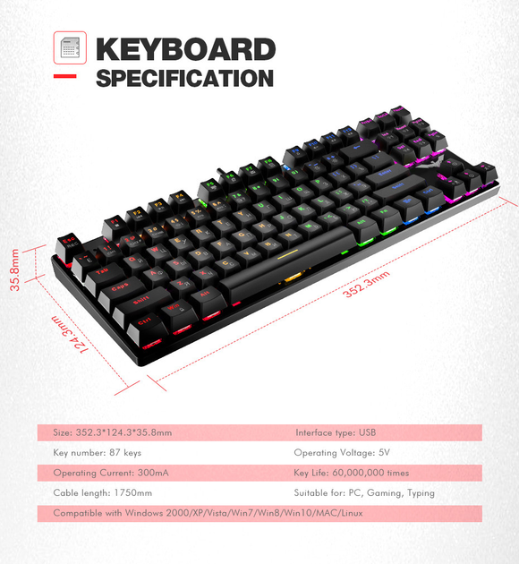 Клавиатура игровая механическая проводная USB с подсветкой 87 клавиш HAVIT HV-KB435L-LED Синие свитчи - изображение 12