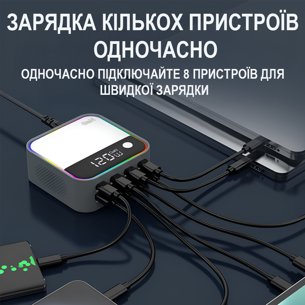 Многопортовая зарядка док-станция Addap CS-M8 с быстрой зарядкой на 8 портов, 4×Type-C PD + 4×USB-A QC, с цветной RGB подсветкой, GaN 120W - изображение 2
