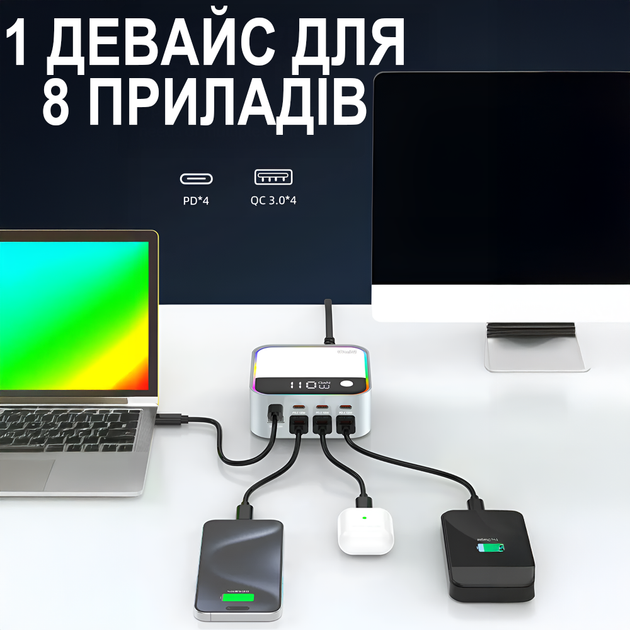 Многопортовая зарядка док-станция Addap CS-M8 с быстрой зарядкой на 8 портов, 4×Type-C PD + 4×USB-A QC, с цветной RGB подсветкой, GaN 120W - изображение 5