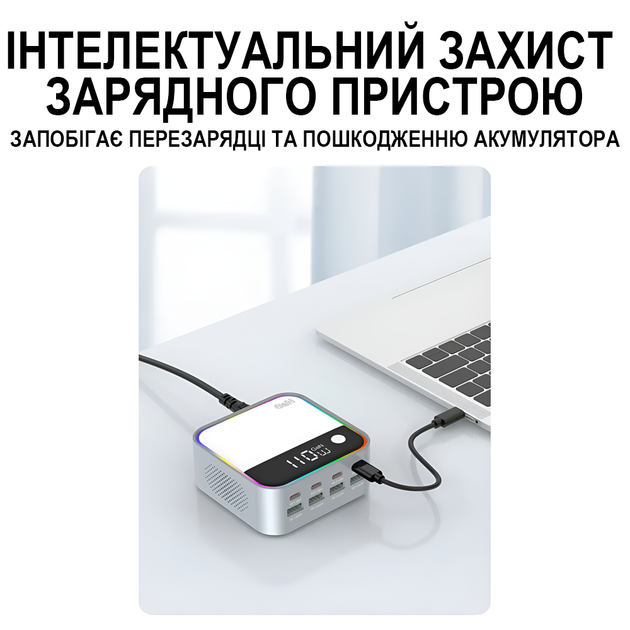 Многопортовая зарядка док-станция Addap CS-M8 с быстрой зарядкой на 8 портов, 4×Type-C PD + 4×USB-A QC, с цветной RGB подсветкой, GaN 120W - изображение 7