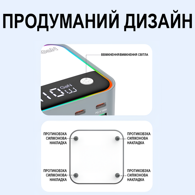 Многопортовая зарядка док-станция Addap CS-M8 с быстрой зарядкой на 8 портов, 4×Type-C PD + 4×USB-A QC, с цветной RGB подсветкой, GaN 120W - изображение 8