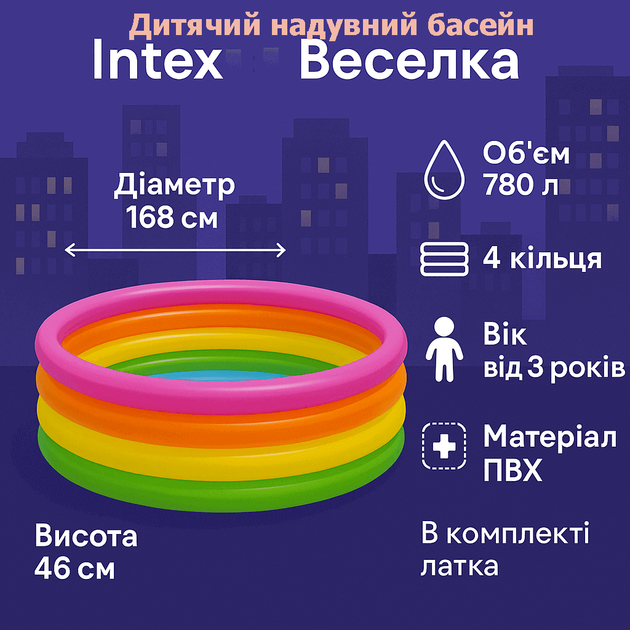Надувной бассейн Intex «Радуга» 168×46 см - круглый детский бассейн с 4 кольцами, 780 л, арт. 56441NP - Фото 4 Надувной бассейн Intex «Радуга» 168×46 см - круглый детский бассейн с 4 кольцами, 780 л, арт. 56441NP - изображение 4