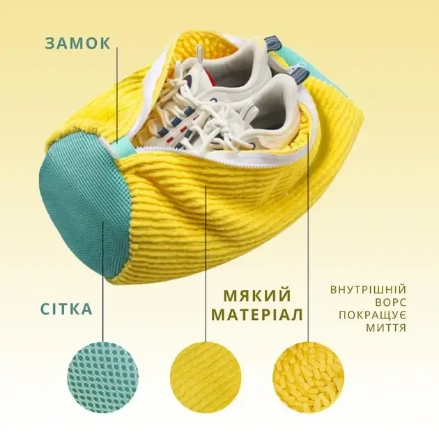 Мішок-сумка для прання взуття з м’яким ворсом — 36×19 см, на блискавці (жовта) - изображение 5