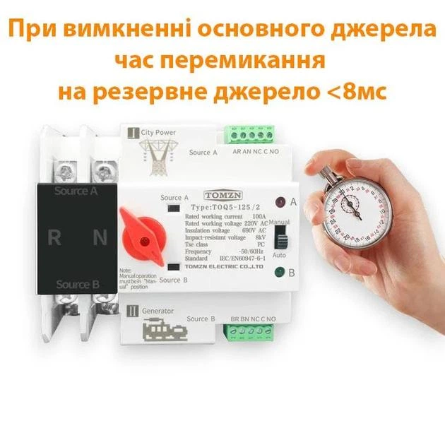 Автомат введення резерву АВР Tomzn 2P 100A 220V TOQ5-125/2 TOQ52 1-фазний - Фото 2 Автомат введення резерву АВР Tomzn 2P 100A 220V TOQ5-125/2 TOQ52 1-фазний - зображення 2