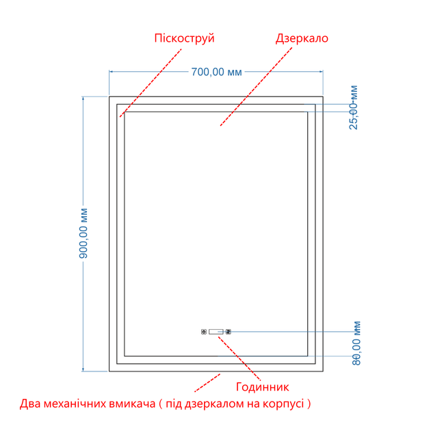 LED-дзеркало,70x90см, з двома сенсорами, годинником, механічним вмикачем та підігрівом, модель Karnet (Karnet/700x900/214151/26/1) - изображение 3