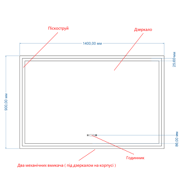 LED-дзеркало,140x90см, з двома сенсорами, годинником, механічним вмикачем та підігрівом, модель Karnet (Karnet/1400x900/214151/21/1) - изображение 3