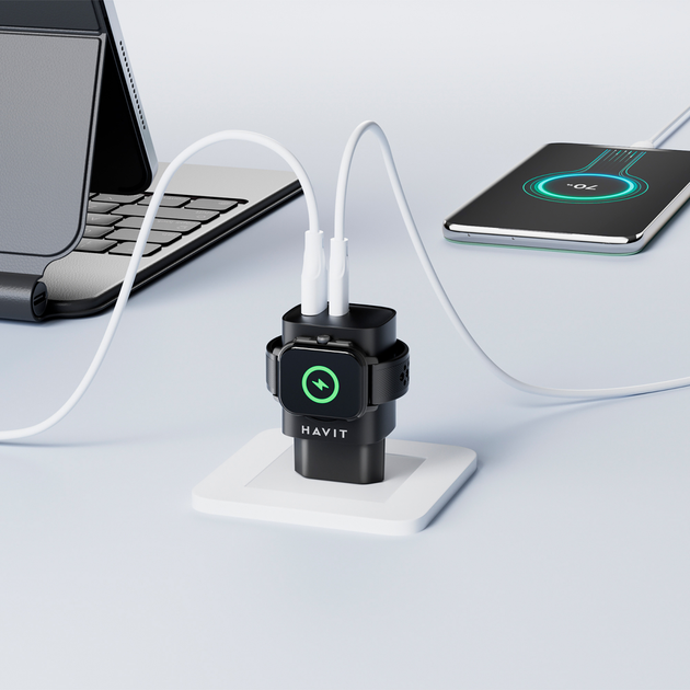 Зарядний пристрій Havit HV-UC132 22W USB-A+USB-C+Watch Charger Black (UC132 EU) - зображення 7