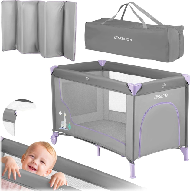 Дорожнє ліжечко RICOKIDS 125 x 65 x 78 см RK-240 Grey-Lavender (724011) (5903890605186) - зображення 3