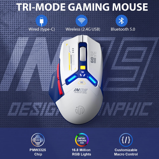 Мышь игровая Inphic IN9 Upgrade с комбинированным подключением, RGB, 12000 DPI, бело-синий - изображение 3