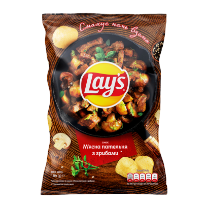 Чипси Lay's М'ясна Пательня з Грибами 120g - Фото 1 Чипси Lay's М'ясна Пательня з Грибами 120g - зображення 1