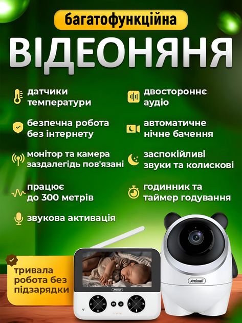 Видеоняня беспроводная радионяня с двусторонней связью Andowl с портативным дисплеем 4.3 дюйма с ночным видением и колыбельными в виде медведя (Q-SX601) - изображение 2