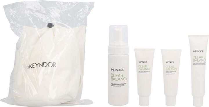 Zestaw do pielęgnacji twarzy Skeyndor Clear Balance do skóry tłustej Pianka oczyszczająca Pure 150 ml + Tonik Pore Normalising Factor 75 ml + Serum Pore Refining Repair 50 ml + Żel Pure Defense z SPF 15 50 ml (8436542360142) - obraz 4