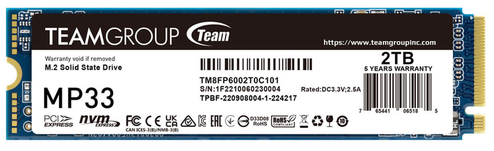 Dysk SSD Team Group MP33 2TB M.2 2280 PCIe 3.0 x4 3D NAND TLC (TM8FP6002T0C101) - obraz 1