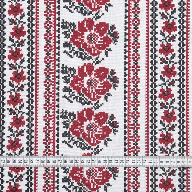 Тканина скатертна рогожка орнамент маки білий фон (160г/м.кв150см пог.м) 184457 - зображення 3